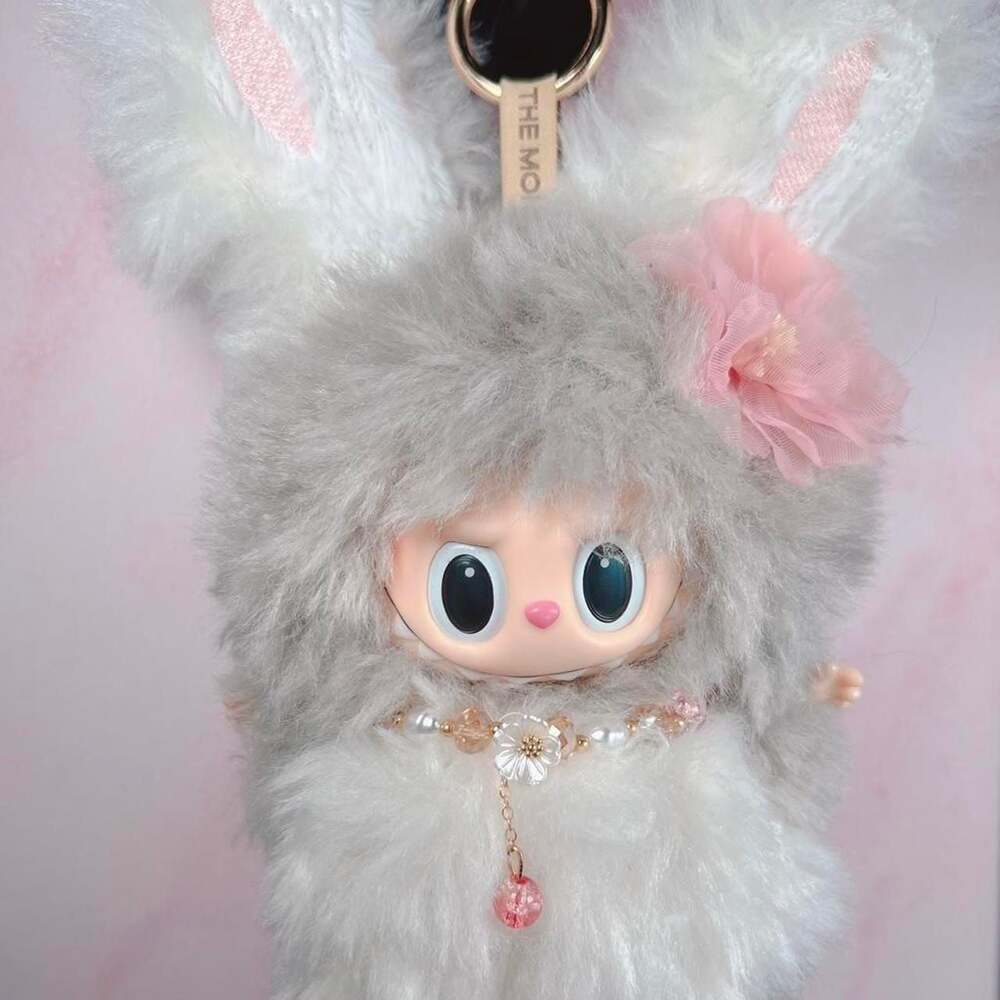 (59) Custom Labubu Inspired Handmade Plush Bunny Keychain - Grey/White